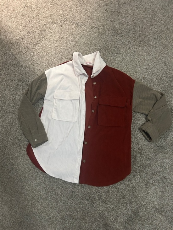 Tops - Colorblock Corduroy Button-Up Shirt - White, Burgundy, Olive
